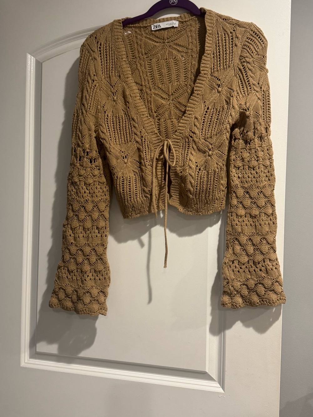 Zara Cropped Tan Crochet V-Neck Tie-Front Sweater